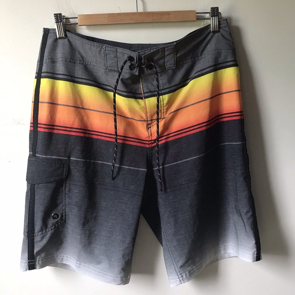 Goodfellow & Co Mens Sunset Stripe Board Shorts Grey Orange Yellow Size‎ 32
